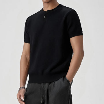 AIDASE  -  Summer Leisure Solid Color Button T Shirt Vintage Elastic Slim Short Sleeve Knitted Tees Outdoor Casual Men's Knit Henley Shirts aidase-shop